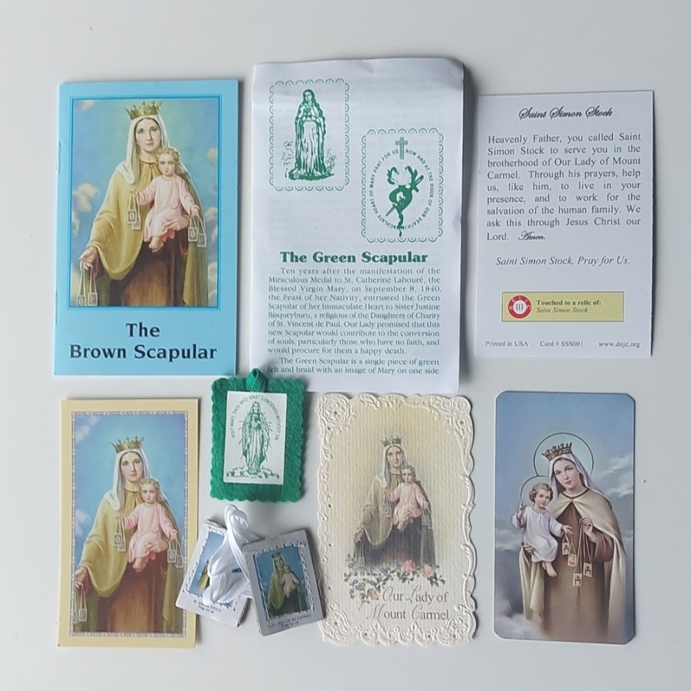 Vintage + New Catholic Brown + Green Scapulars, Relic/Prayer Cards, Booklet